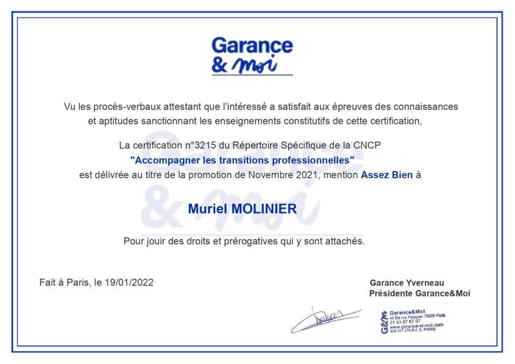 Certificat de formation Muriel Molinier